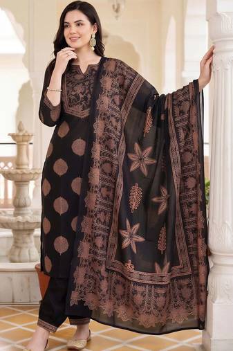 women ethnic motifs printed regular cotton kurta with patiala & with dupatta