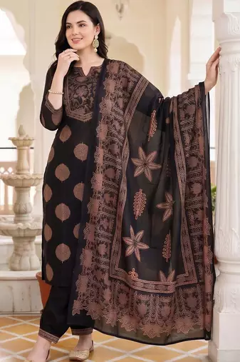 women ethnic motifs printed regular cotton kurta with patiala & with dupatta