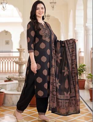 women ethnic motifs printed regular cotton kurta with patiala & with dupatta 3