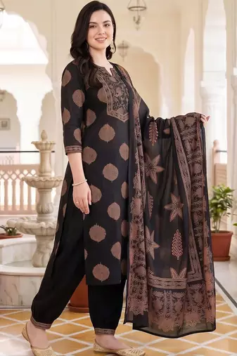 women ethnic motifs printed regular cotton kurta with patiala & with dupatta