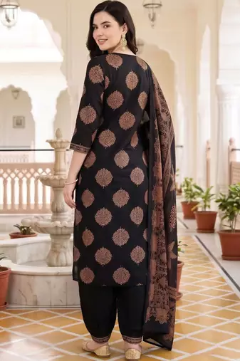 women ethnic motifs printed regular cotton kurta with patiala & with dupatta