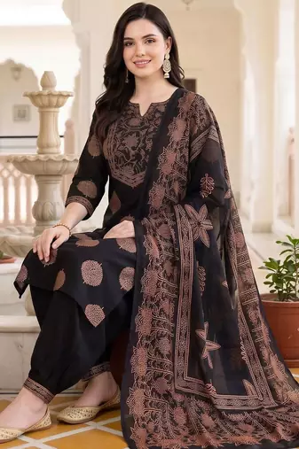 women ethnic motifs printed regular cotton kurta with patiala & with dupatta