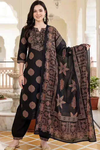 women ethnic motifs printed regular cotton kurta with patiala & with dupatta