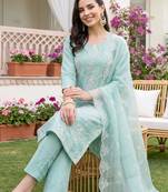 women ethnic motifs embroidered regular thread work kurta with trousers & with dupatta