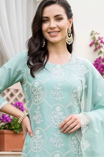 women ethnic motifs embroidered regular thread work kurta with trousers & with dupatta