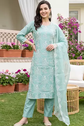 women ethnic motifs embroidered regular thread work kurta with trousers & with dupatta