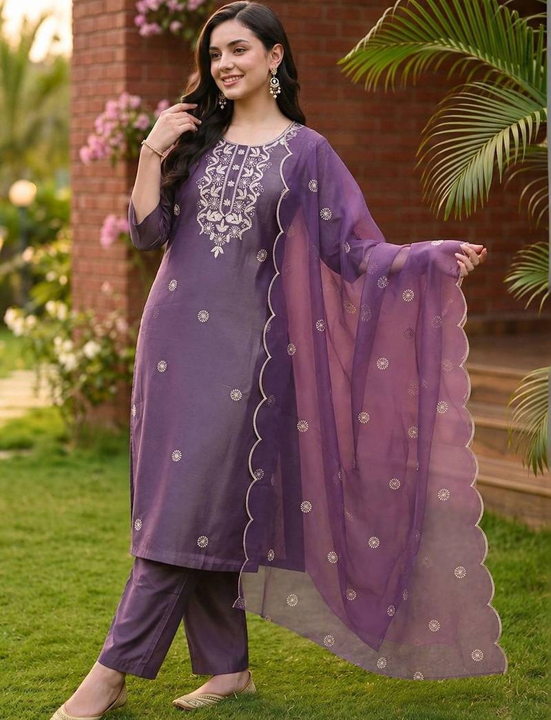 women ethnic motifs embroidered regular thread work kurta with trousers & with dupatta
