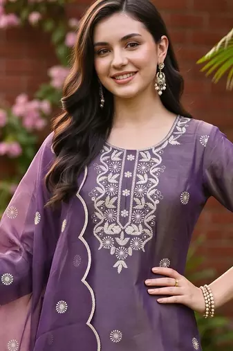 women ethnic motifs embroidered regular thread work kurta with trousers & with dupatta