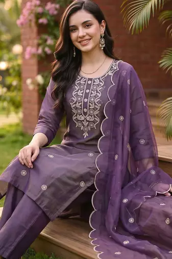 women ethnic motifs embroidered regular thread work kurta with trousers & with dupatta