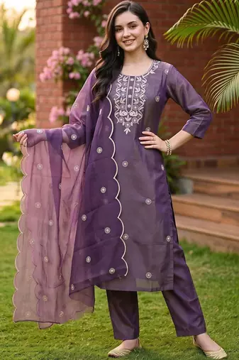 women ethnic motifs embroidered regular thread work kurta with trousers & with dupatta