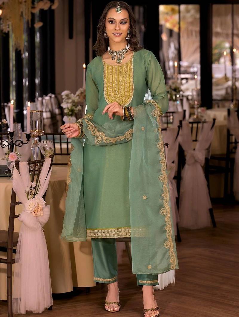 women ethnic motifs embroidered regular sequinned kurta with trousers & with dupatta