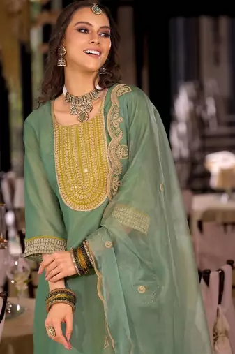 women ethnic motifs embroidered regular sequinned kurta with trousers & with dupatta