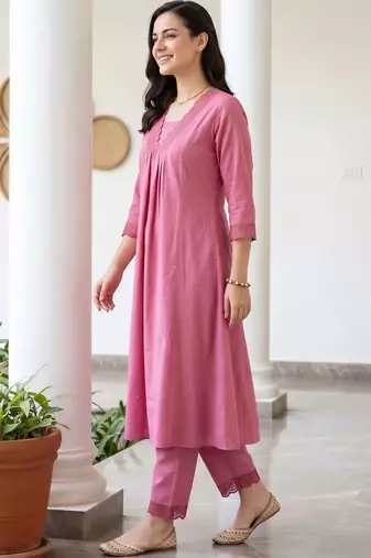 women pleated thread work kurta with trousers