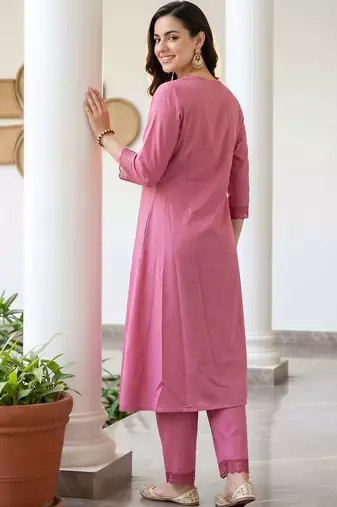 women pleated thread work kurta with trousers