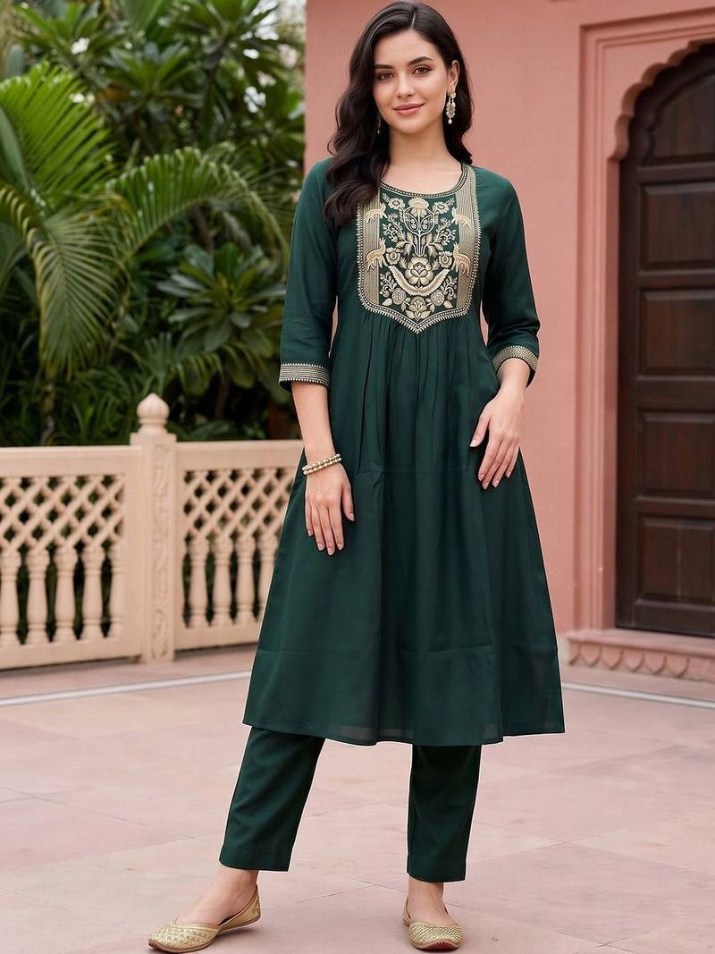 women ethnic motifs embroidered empire thread work kurta with trousers