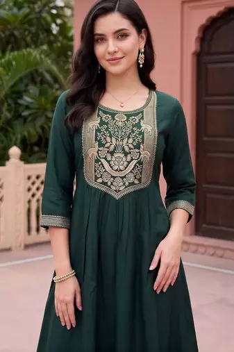 women ethnic motifs embroidered empire thread work kurta with trousers