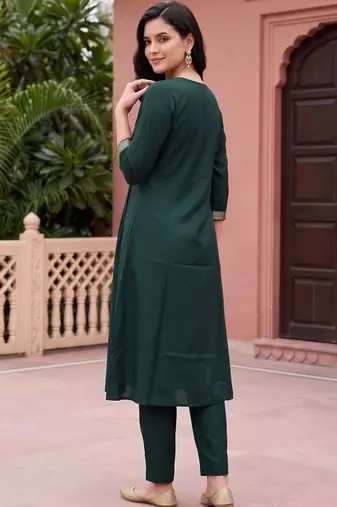 women ethnic motifs embroidered empire thread work kurta with trousers