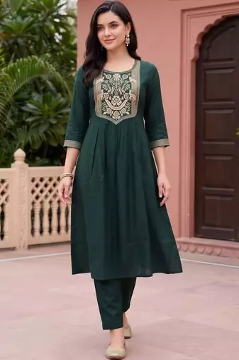 women ethnic motifs embroidered empire thread work kurta with trousers