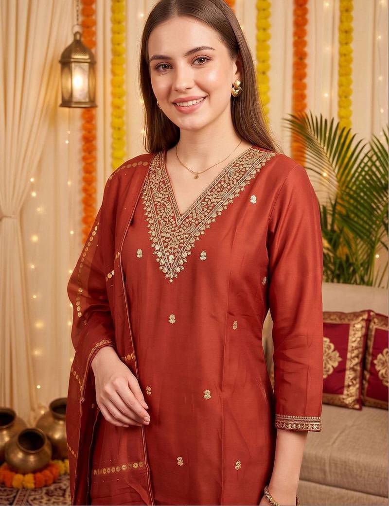 women ethnic motifs embroidered regular kurta with trousers & with dupatta