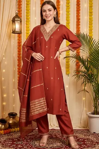 women ethnic motifs embroidered regular kurta with trousers & with dupatta
