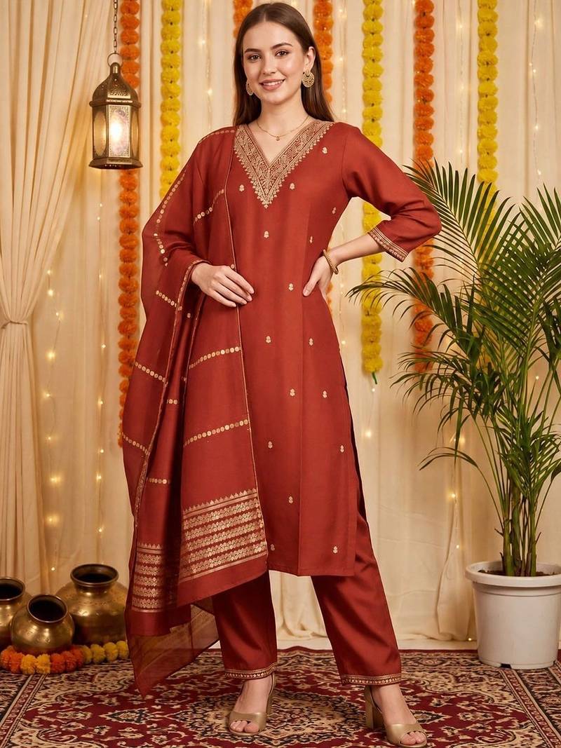 women ethnic motifs embroidered regular kurta with trousers & with dupatta