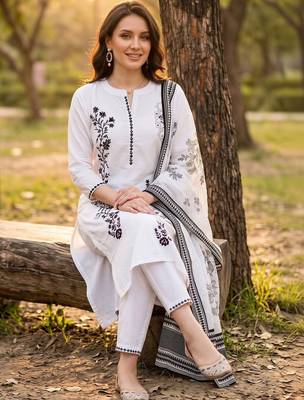 women ethnic motifs embroidered regular thread work cotton kurta with trousers & with dupatta 1