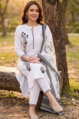 women ethnic motifs embroidered regular thread work cotton kurta with trousers & with dupatta