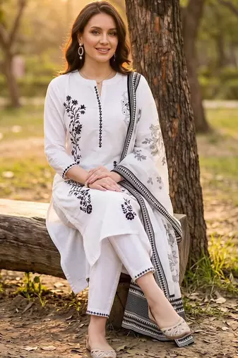 women ethnic motifs embroidered regular thread work cotton kurta with trousers & with dupatta