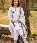 women ethnic motifs embroidered regular thread work cotton kurta with trousers & with dupatta