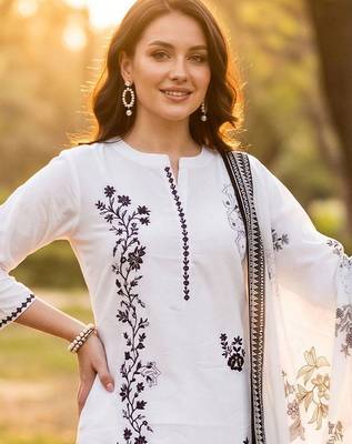 women ethnic motifs embroidered regular thread work cotton kurta with trousers & with dupatta 2