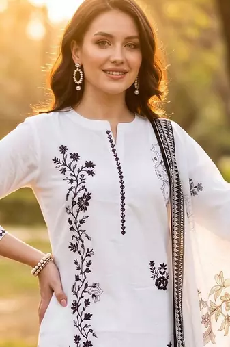 women ethnic motifs embroidered regular thread work cotton kurta with trousers & with dupatta
