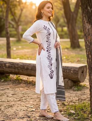 women ethnic motifs embroidered regular thread work cotton kurta with trousers & with dupatta 3