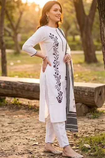women ethnic motifs embroidered regular thread work cotton kurta with trousers & with dupatta
