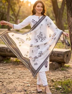 women ethnic motifs embroidered regular thread work cotton kurta with trousers & with dupatta 5