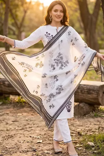 women ethnic motifs embroidered regular thread work cotton kurta with trousers & with dupatta