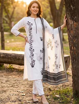 women ethnic motifs embroidered regular thread work cotton kurta with trousers & with dupatta 6