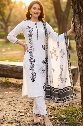 women ethnic motifs embroidered regular thread work cotton kurta with trousers & with dupatta