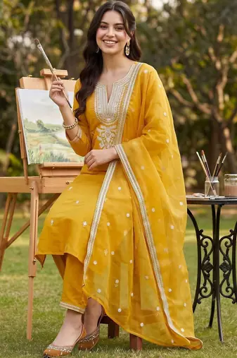 women ethnic motifs embroidered regular thread work kurta with trousers & with dupatta