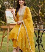 women ethnic motifs embroidered regular thread work kurta with trousers & with dupatta