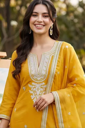women ethnic motifs embroidered regular thread work kurta with trousers & with dupatta