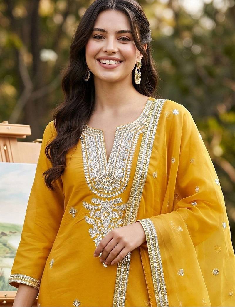 women ethnic motifs embroidered regular thread work kurta with trousers & with dupatta