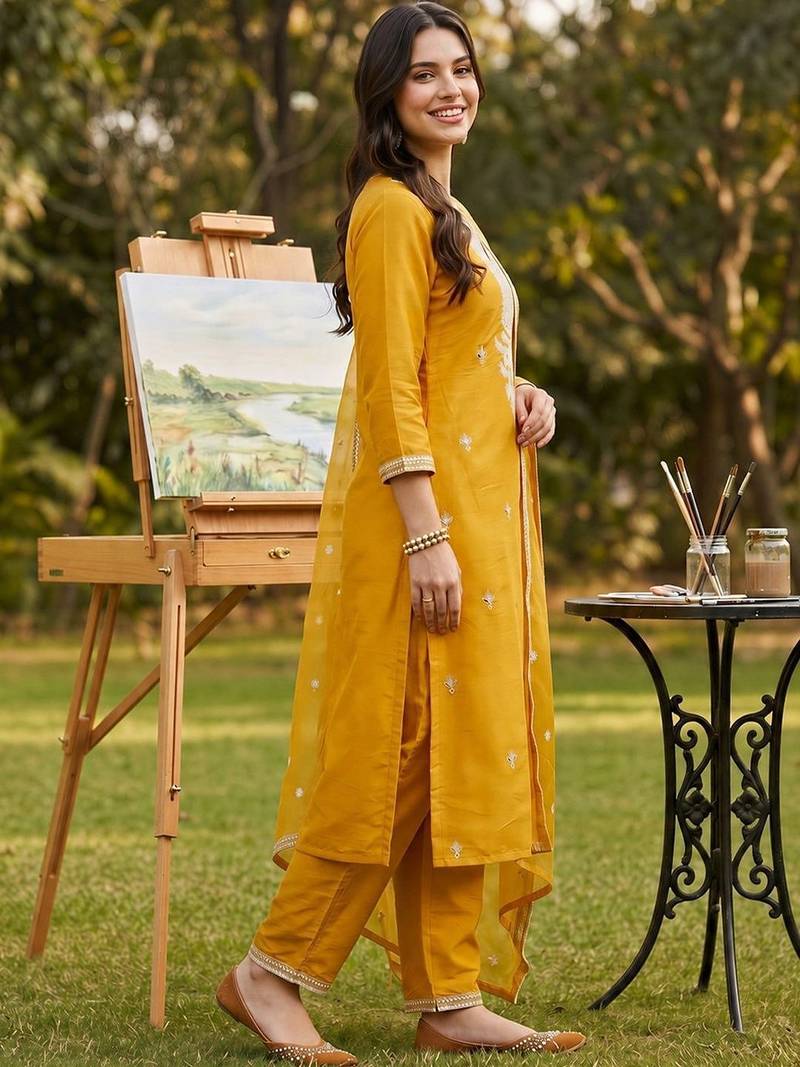 women ethnic motifs embroidered regular thread work kurta with trousers & with dupatta