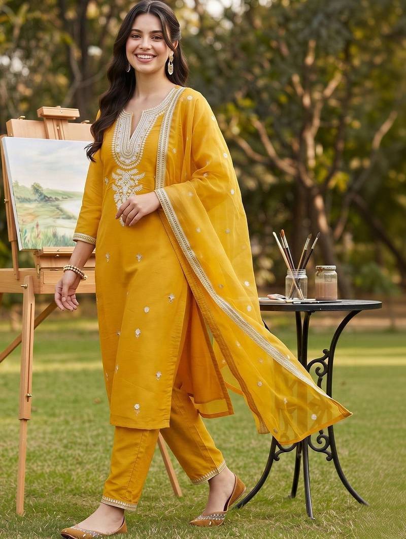 women ethnic motifs embroidered regular thread work kurta with trousers & with dupatta