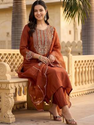 women ethnic motifs embroidered regular thread work liva kurta with trousers & with dupatta 1