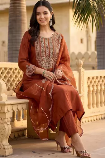women ethnic motifs embroidered regular thread work liva kurta with trousers & with dupatta
