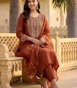 women ethnic motifs embroidered regular thread work liva kurta with trousers & with dupatta