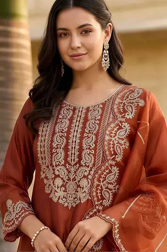 women ethnic motifs embroidered regular thread work liva kurta with trousers & with dupatta