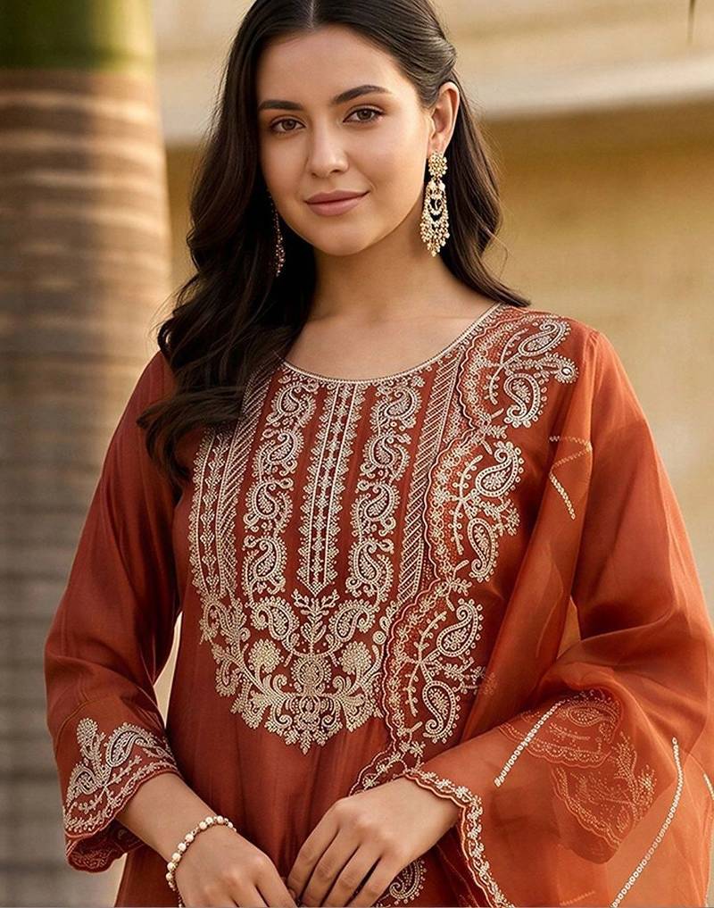 women ethnic motifs embroidered regular thread work liva kurta with trousers & with dupatta