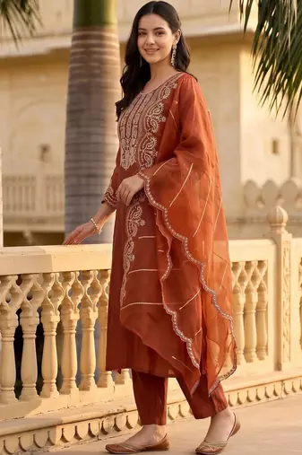 women ethnic motifs embroidered regular thread work liva kurta with trousers & with dupatta