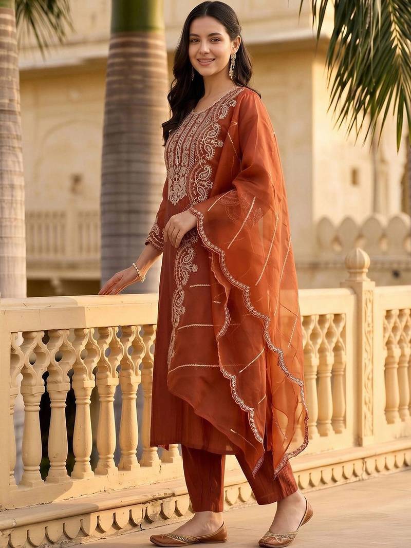 women ethnic motifs embroidered regular thread work liva kurta with trousers & with dupatta